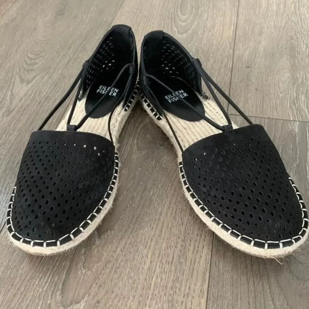 Eileen Fisher Lee 2 Espadrille‎ Flats Black Tumbled Nubuck Perforated Size 8